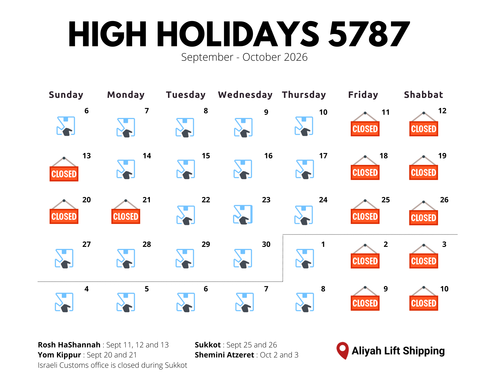 Aliyah Lift 5787 High Holiday shipping calendar