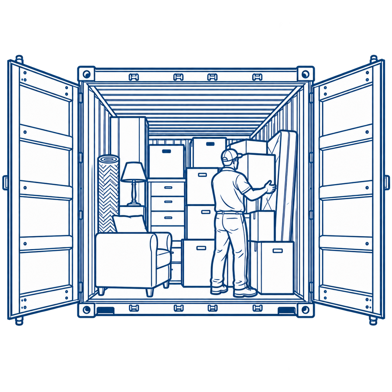 Moving crew loading boxes and furniture into a shipping container